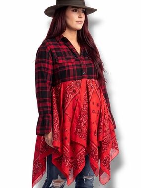 Red Plaid Flannel Bell Sleeve Hanky Hemline Festival Duster Jacket